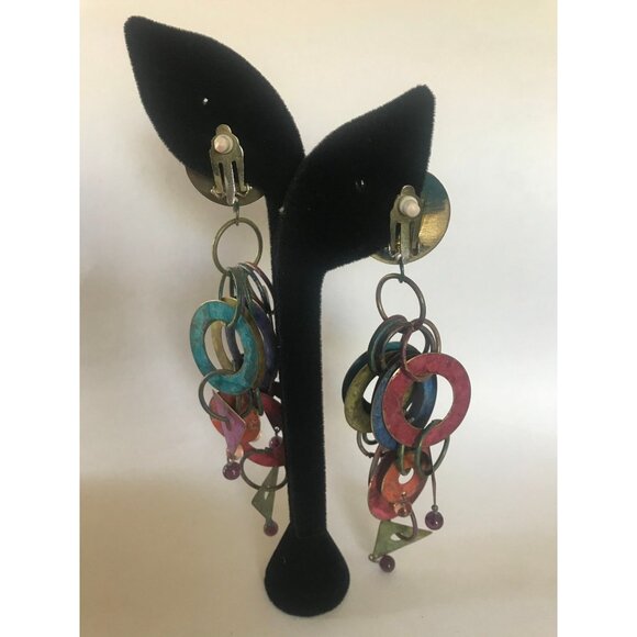 Vtg 1960's Handmade Mod Dangle 5 Drop Circles Clip On Earrings Deep Blue - Picture 2 of 8